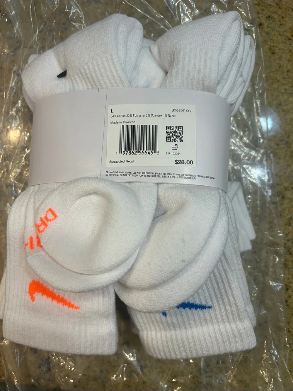 Nike White Crew Socks with Neon Swooshes (6 Pack) size L